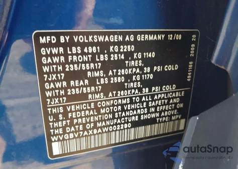 2010 Volkswagen Tiguan Wolfsburg Edition z USA, uszkodzony, nr VIN WVGBV7AX9AW002290